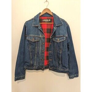 Mens S Vintage 80s Denim Jean Jacket Red Buffalo Plaid Lined Generation One